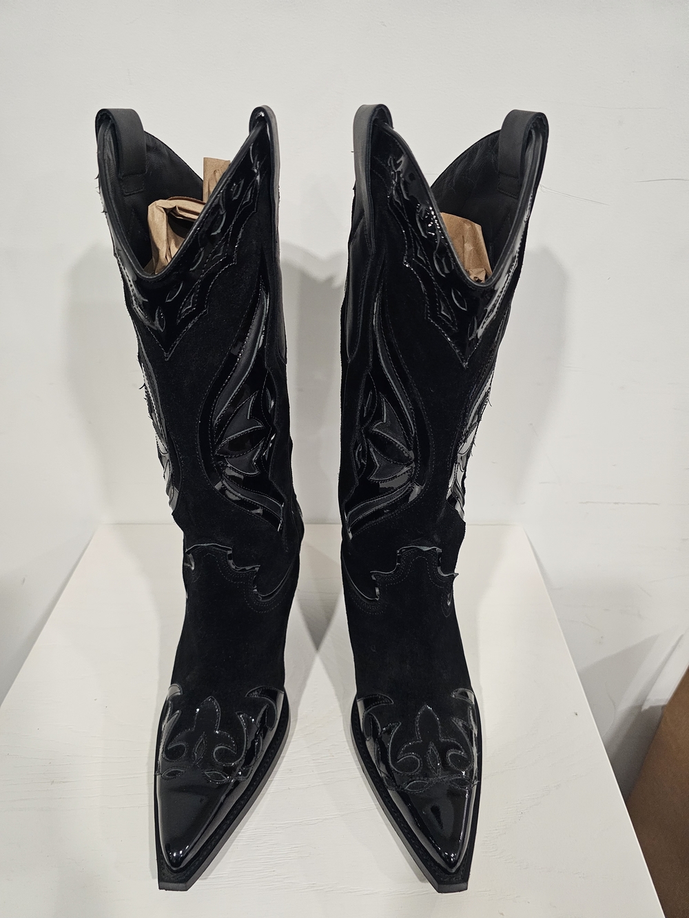 Womens Black patent accents and suede western boots - Pointed Toe